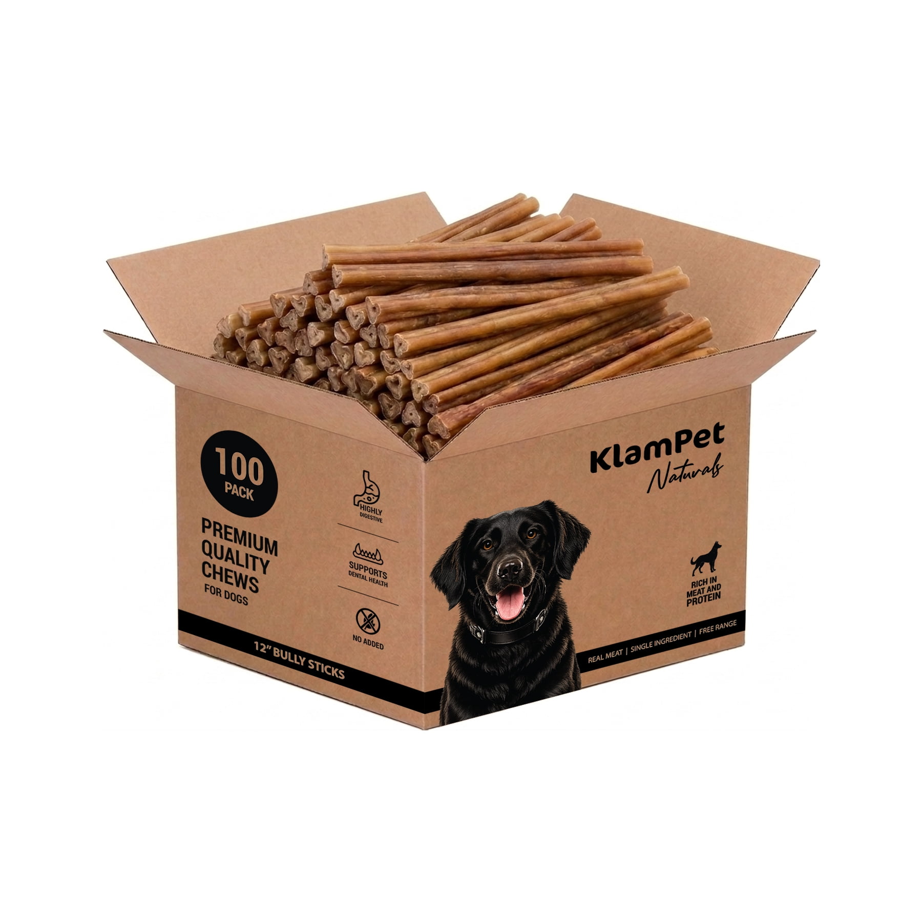 KlamPet 12" Long Bully Sticks for Large Dogs - [50 or 100] Count Bulk Box - Grass-Fed Beef