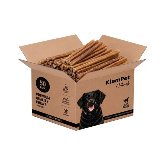 KlamPet 12" Long Bully Sticks for Large Dogs - [50 or 100] Count Bulk Box - Grass-Fed Beef