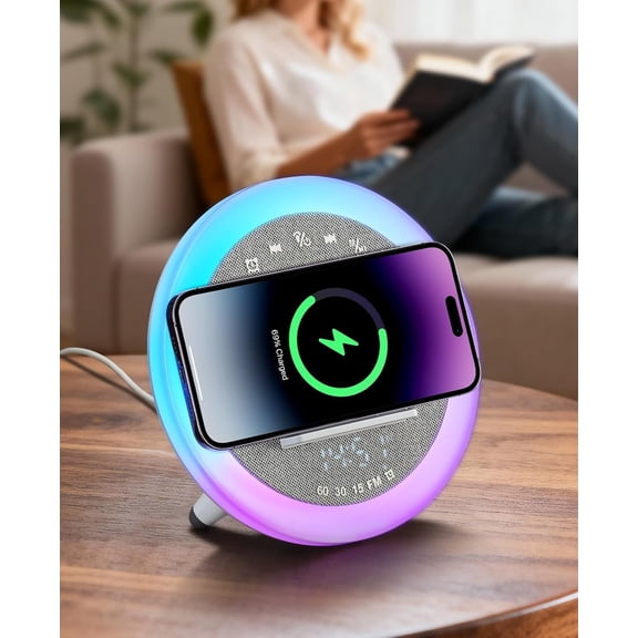 Klamerit Bluetooth Speaker Clock with 15W Wireless Charging, Night Light, Alarm, White Noise, Modern Wireless Charger Speaker, Gift for Teenage Girls Boys