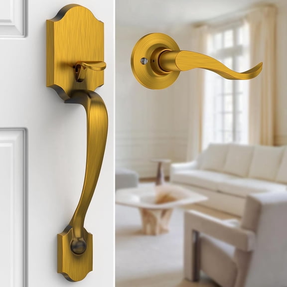 Klamerit Antique Brass Front Door Handle No Lock, Classic Exterior Door Handle, Entry Door Handle Reversible for Left & Right Hand Doors