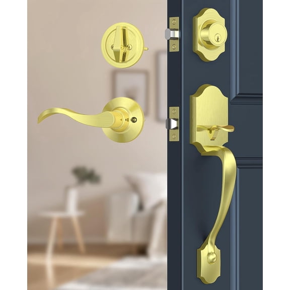 Klamerit Gold Front Door Lock Set, Keyed Entry Door Handle with Deadbolt for Home Security, Reversible Left/Right-Hand, Adjustable Latch