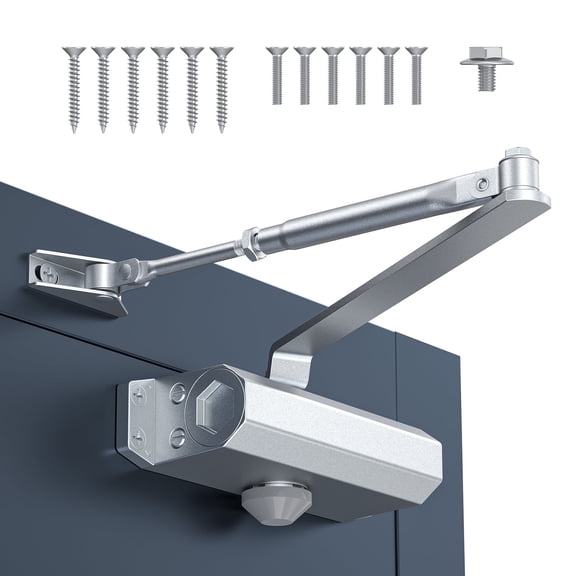 Klamerit Automatic Door Closer, Door Closer for Home & Light Commercial Use, Adjustable Closing Speed for 88-143lbs, Soft Close for All Kind of Door, Silver
