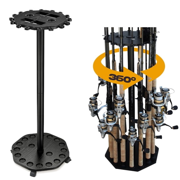Klamerit Fishing Rod Rack for Garage, Holds 16 Poles or Combos, Mobile Round Rod Holder with 360° Lockable Wheels & Rigging Station,Black