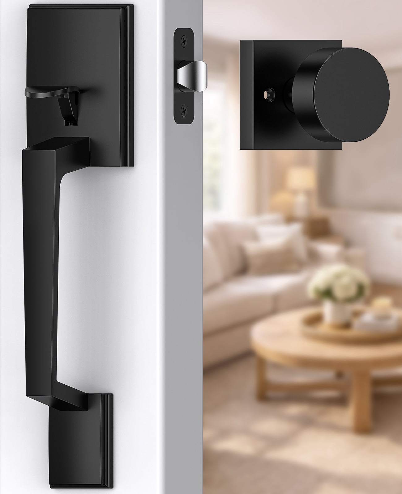 Klamerit Front Door Handle No Lock, Black Front Door Lock Set with Modern Knob, Adjustable Exterior Entry Handleset, Lower Half Grip