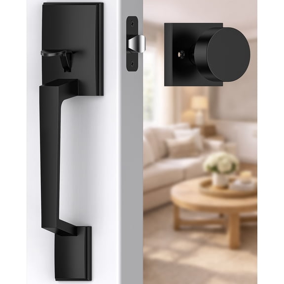 Klamerit Front Door Handle No Lock, Black Front Door Lock Set with Modern Knob, Adjustable Exterior Entry Handleset, Lower Half Grip