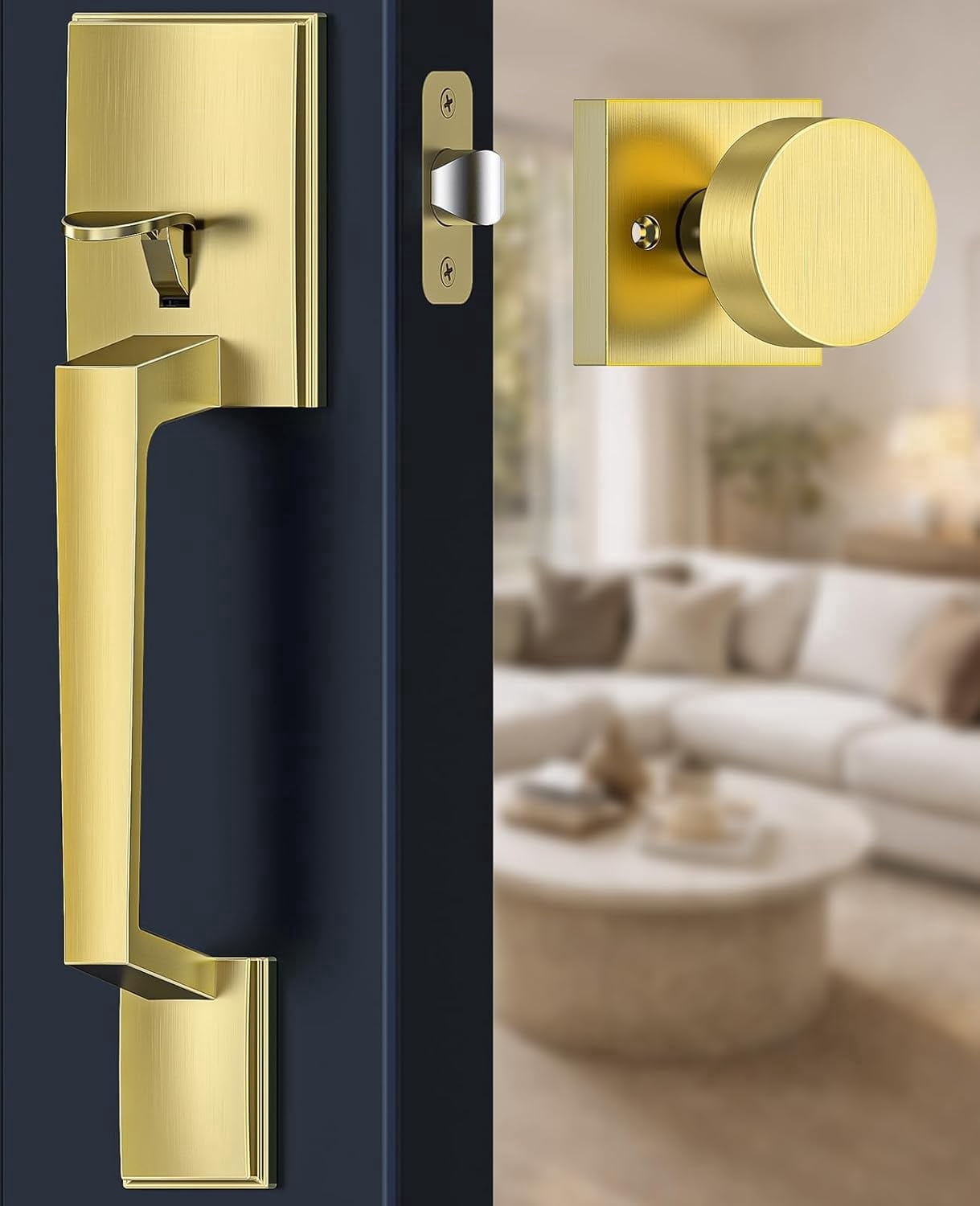 Klamerit Front Door Handle No Lock, Gold Front Door Lock Set with Modern Knob, Adjustable Exterior Entry Handleset, Lower Half Grip