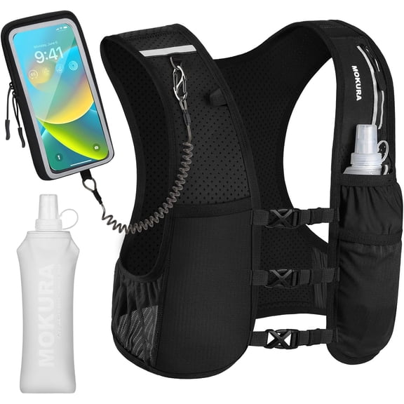 Klamerit Hydration Running Vest for Men Women, Hydration Backpack with Dual Water Bottles, Adjustable Chest Vest, Lightweight Water Backpack for Trail Running, Hiking, Cycling, Black
