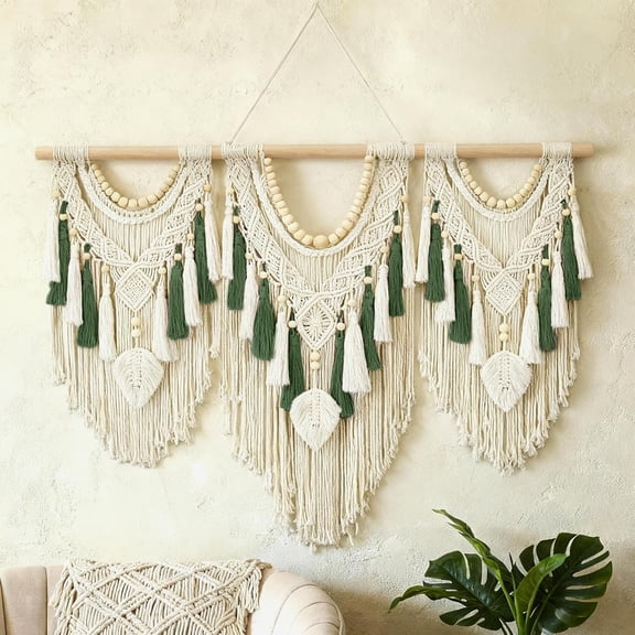 Klamerit Macrame Wall Hanging Decor, 43x32" Large Macrame Wall Hanging, Chic Boho Woven Tapestry Decoration , Green Leaf Bead