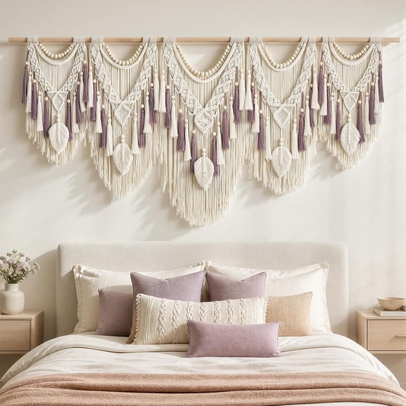 Klamerit Macrame Wall Hanging Decor, 72x32" Large Macrame Wall Hanging, Chic Boho Woven Tapestry Decoration , Leaf Bead
