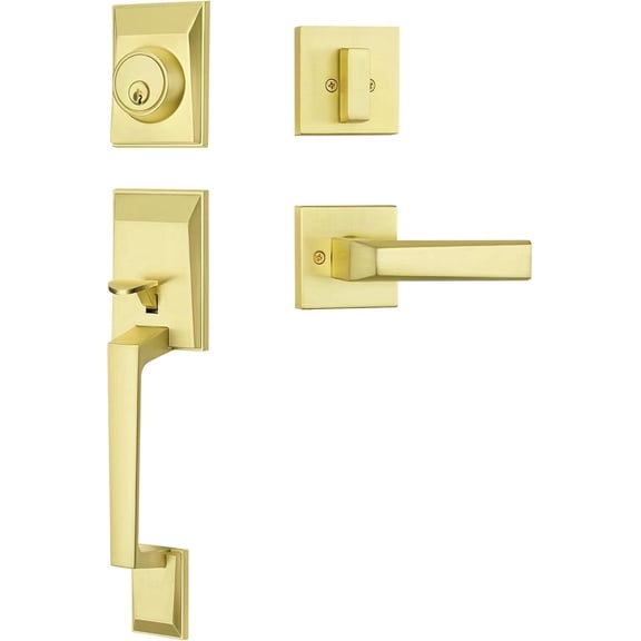 Modern Front Door Lock Set, Zinc Alloy Gold Front Door Handle Set with Deadbolt, Exterior Entry Door Lockset, Elegant Trapezoid Design Handleset