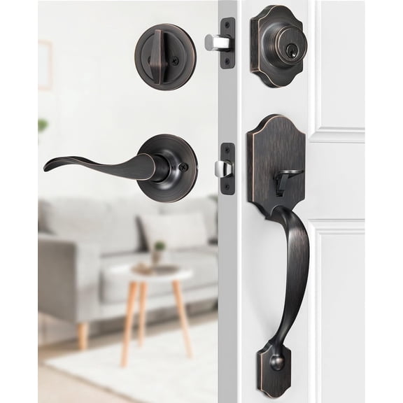 Klamerit Oil Rubbed Bronze Front Door Lock Set, Keyed Entry Door Handle with Deadbolt for Home Security, Reversible Left/Right-Hand, Adjustable Latch