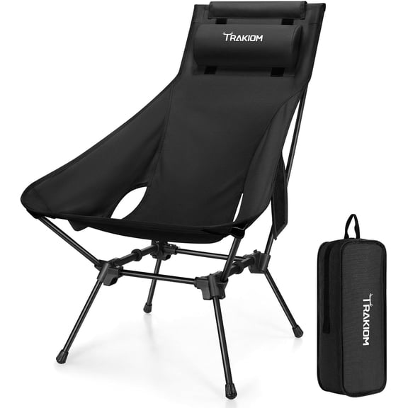 High Back Portable Compact Camping Chair, Lightweight Black Folding Chair with Head Support & Widened Seat, Adjustable Head Support for Beach, Camping