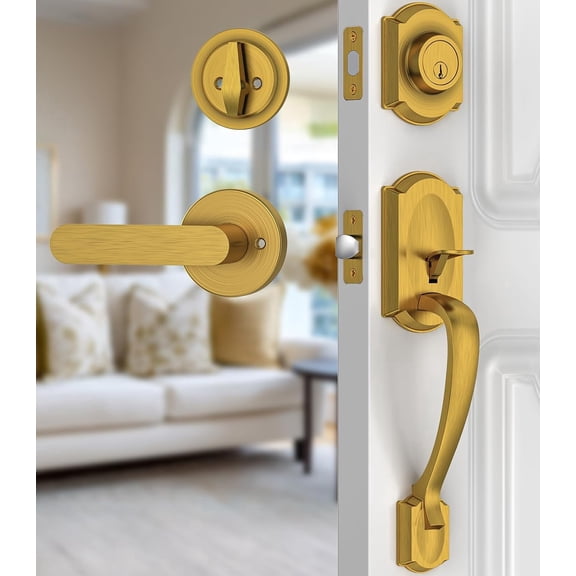 Klamerit Front Door Handle and Deadbolt Set, Antique Brass Front Door Lock Set with Lever, Reversible for Right & Left
