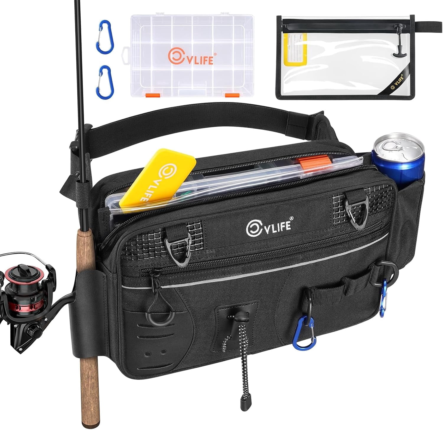 Fishing Tackle Bag Waist Pack with Rod Holder, Water Resistant Fanny Pack Includes 3600 Tackle Box, Waterproof Pouch & Carabiners