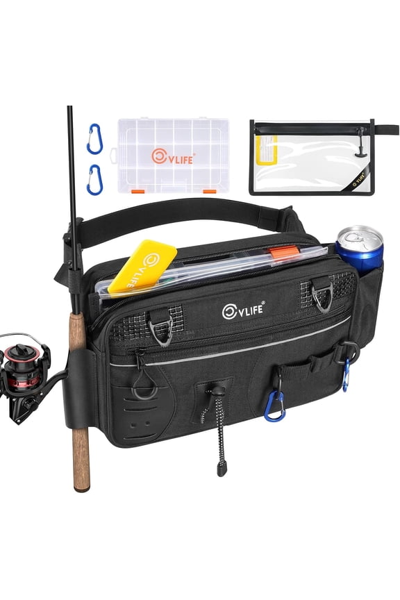 Fishing Tackle Bag Waist Pack with Rod Holder, Water Resistant Fanny Pack Includes 3600 Tackle Box, Waterproof Pouch & Carabiners