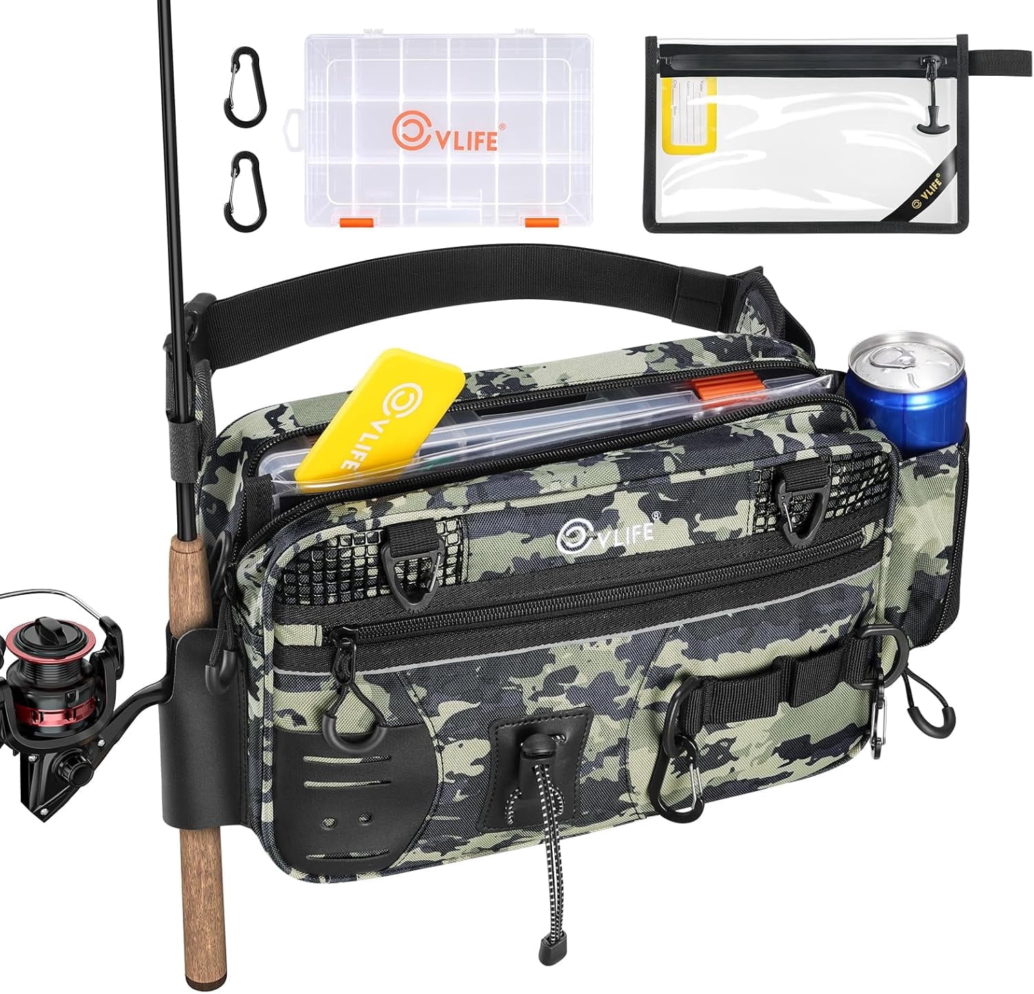 Fishing Tackle Bag Waist Pack with Rod Holder, Water Resistant Fanny Pack Includes 3600 Tackle Box, Waterproof Pouch & Carabiners