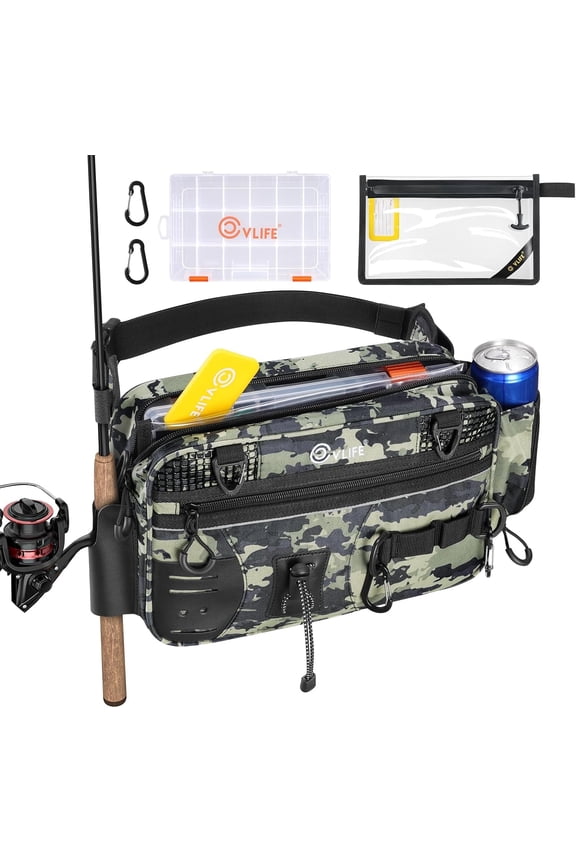 Fishing Tackle Bag Waist Pack with Rod Holder, Water Resistant Fanny Pack Includes 3600 Tackle Box, Waterproof Pouch & Carabiners