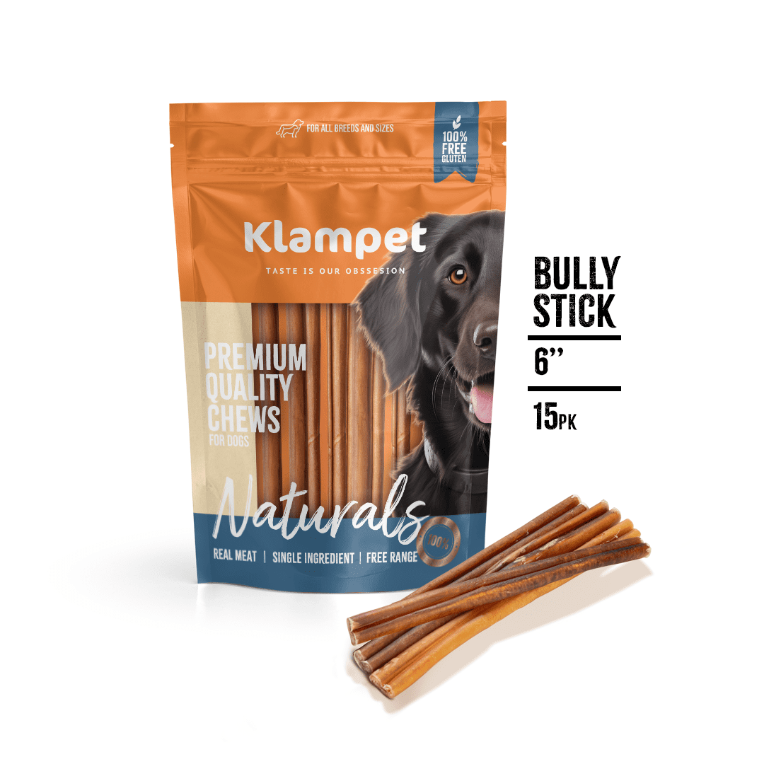 Klampet Naturals 6-Inch Bully Sticks for Dogs [15-Pack] – 100% Grass-Fed, Free-Range Beef Chews – Premium Single-Ingredient & Low-Odor – Long-Lasting Rawhide Alternative for Dental Health