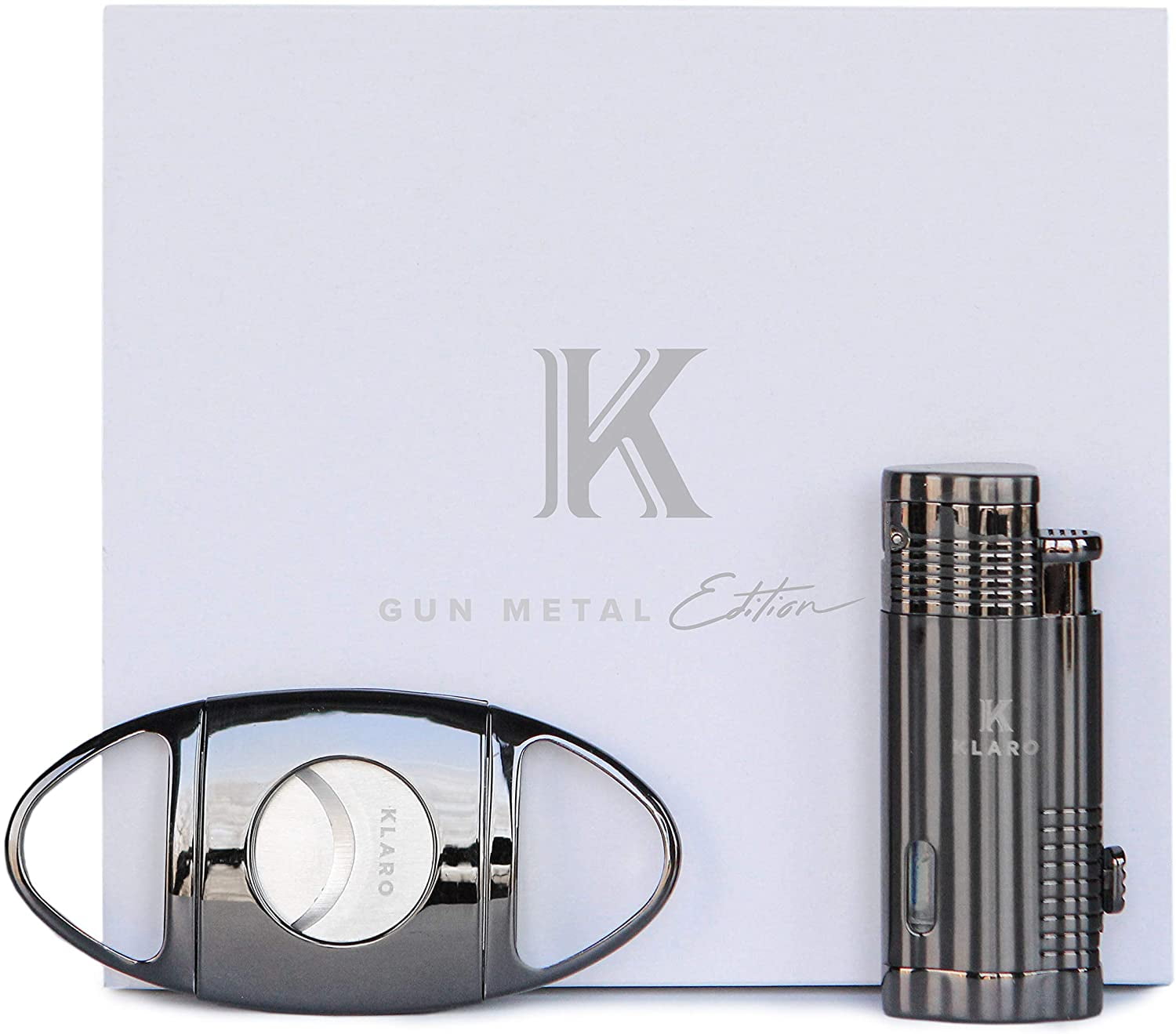 Polished Gunmetal Stainless Steel Cigar Cutter & Triple-Torch Lighter Set