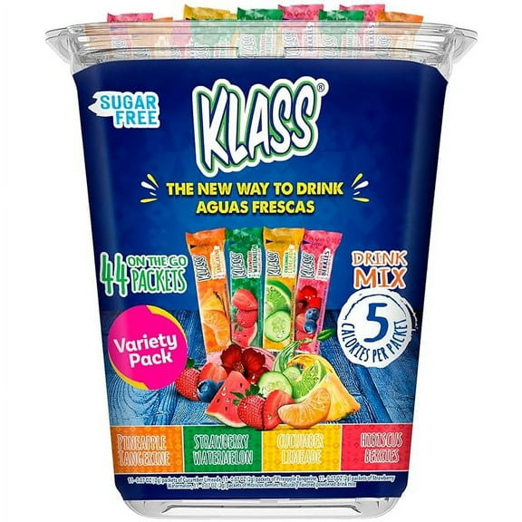 Klass Aguas Frescas, Fruit Variety Pack, Sugar Free Drink Mix , On-The-Go! Powdered Drink Mix (44 Count Powder Stick Packs) 5 Calories Per Packet- Shake it up! The new way to drink Aguas Frescas.