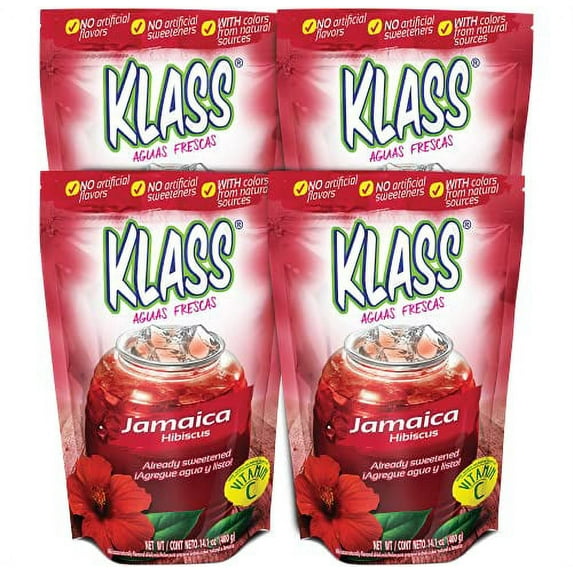 Klass Aguas Frescas Hibiscus Drink Mix - No artificial flavors, no artificial sweeteners, colors from natural sources (Makes 7 Quarts) 14.1 ounce Family Pack (4-Pack)