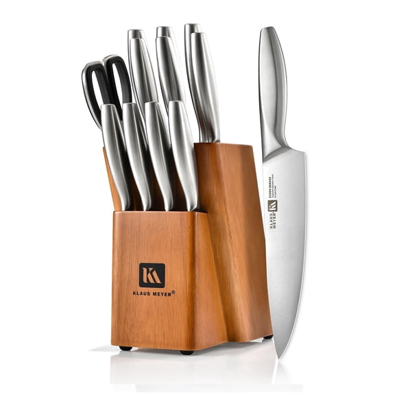 Klaus Meyer 13-Piece Kitchen Knife Set With Block, High Carbon Stainless Steel and Non-Slip Handles. Rust Proof And Dishwasher Safe Cutlery