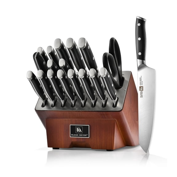 Klaus Meyer 19-Piece Knife Set, High Carbon German Stainless Steel (Stahl), Full-Tang Handles, Kitchen Knife Block Set with Sharpener-Black