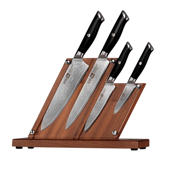 Klaus Meyer 5 Piece Damascus Knife Block Set, 67-Layer High Carbon Damascus Steel, Ultra-Sharp Kitchen Knife Set with Magnetic Wooden Block