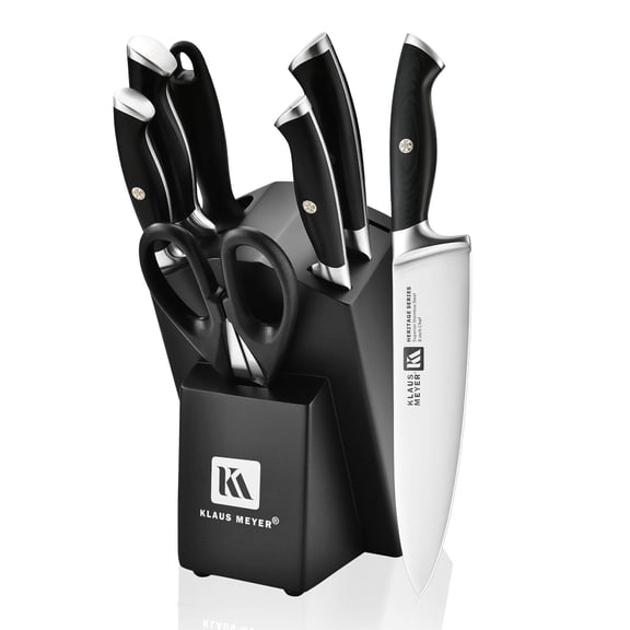 Klaus Meyer 8-Piece Kitchen Knife Set, German High Carbon Steel Pakka Wood Handle Chef Knife Set With Block, Ultra Sharp With Scissors, Sharpener Rod.