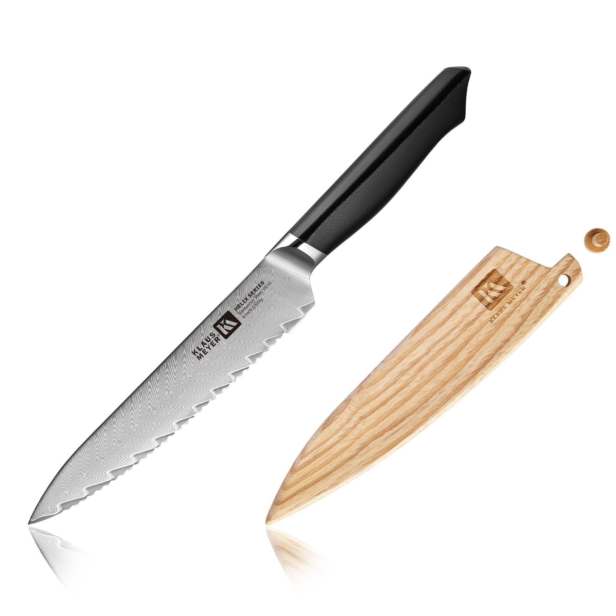 Klaus Meyer Helix Damascus Steel 6 inch Utility Serrated Knife with Wood Sheath