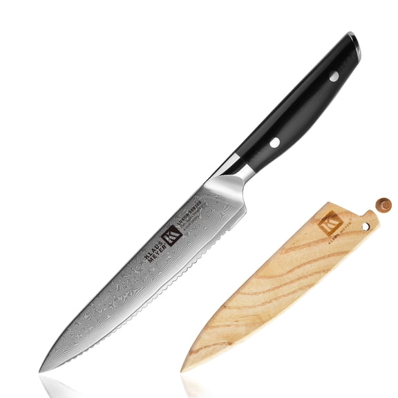 Klaus Meyer Luxor Damascus Steel 6 inch Utility Serrated Knife with Wood Sheath