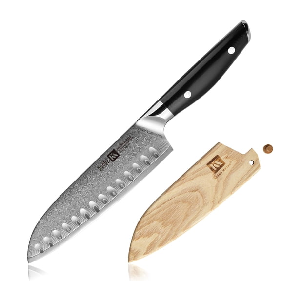 Klaus Meyer Luxor Damascus Steel 7 inch Santoku Knife with Wood Sheath