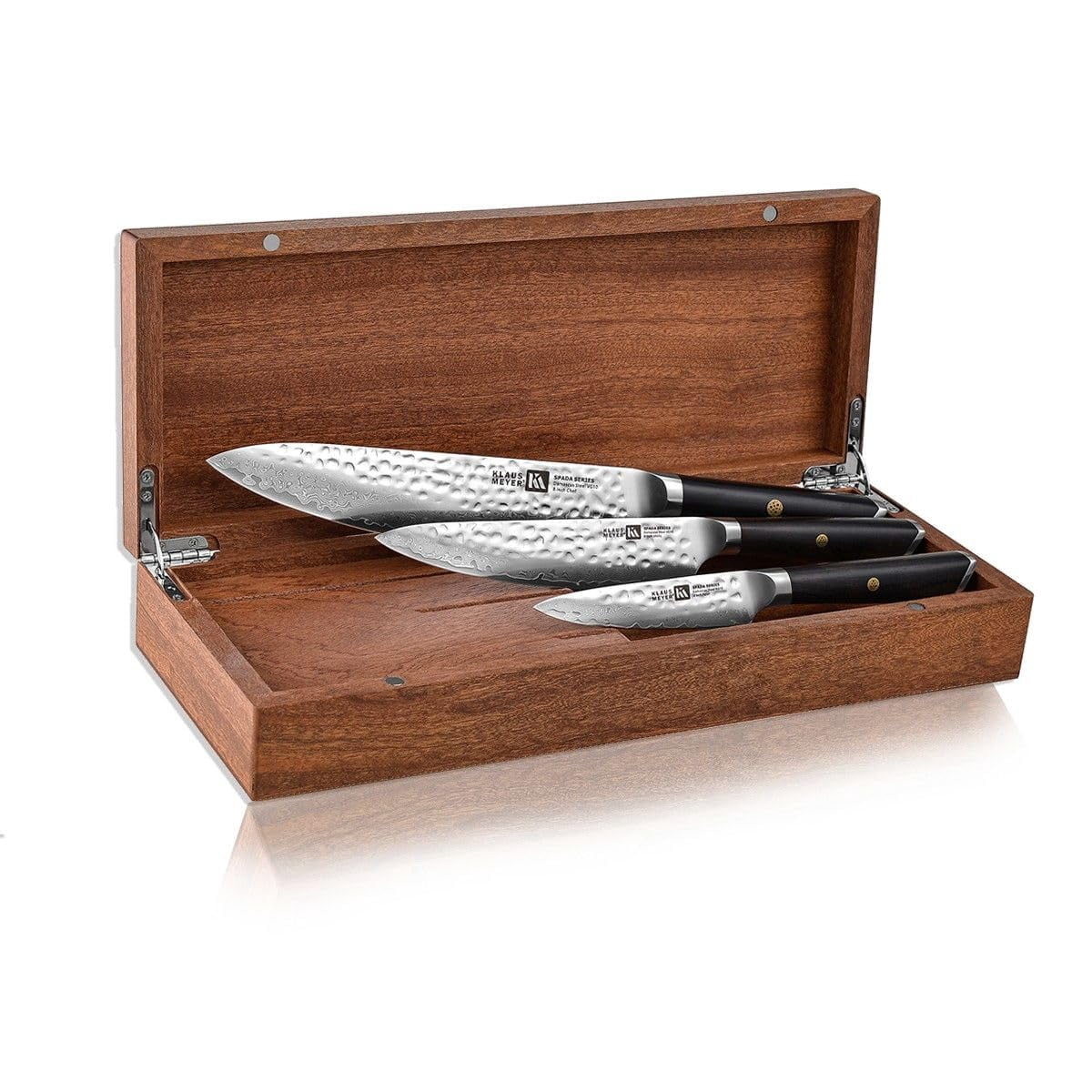 Klaus Meyer Spada Damascus Steel 3 Piece Non-Slip Handles Knife Set with Sapele Wood Box