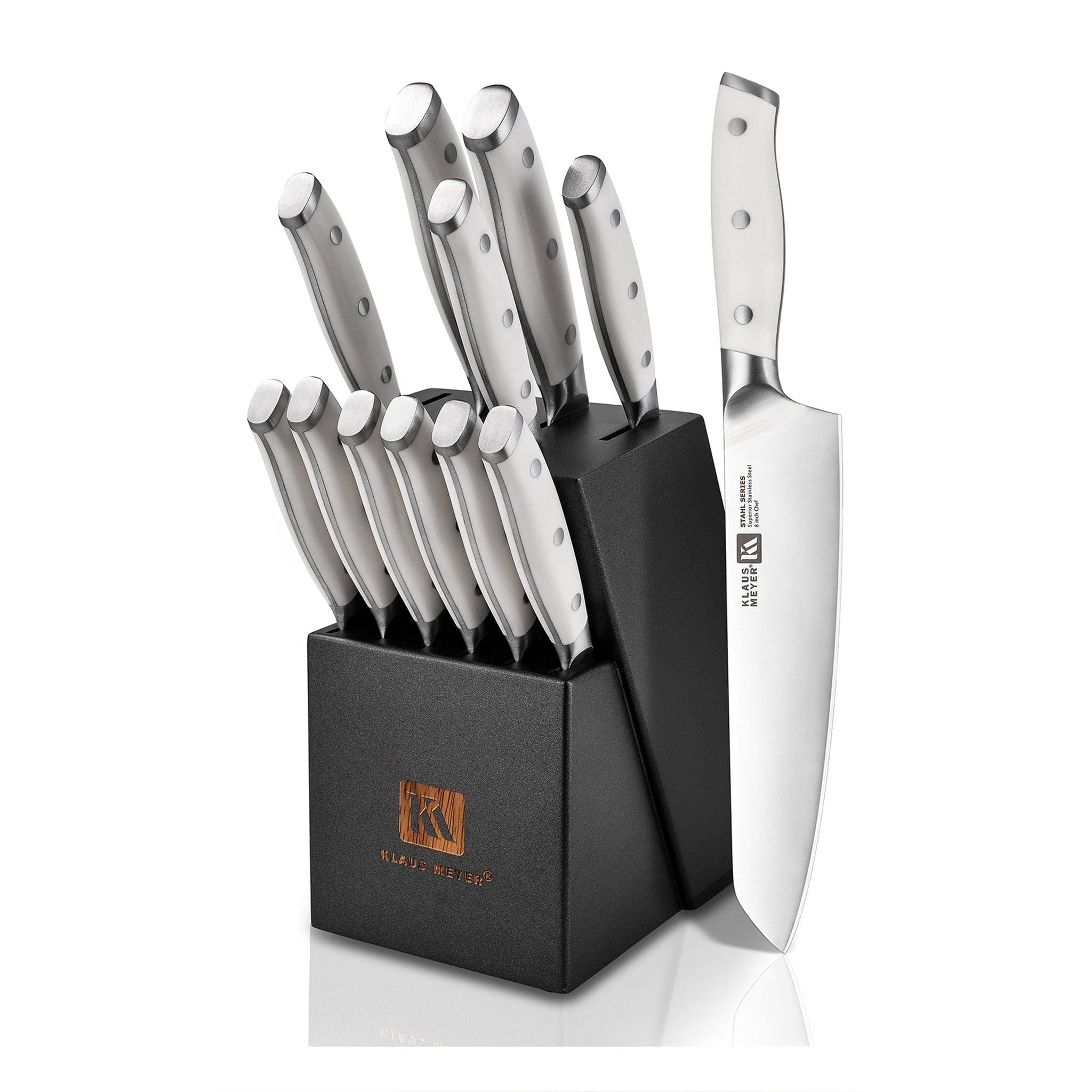 Klaus Meyer Stahl High Carbon Exclusive German Steel 13 Piece Knife Block Set (White)
