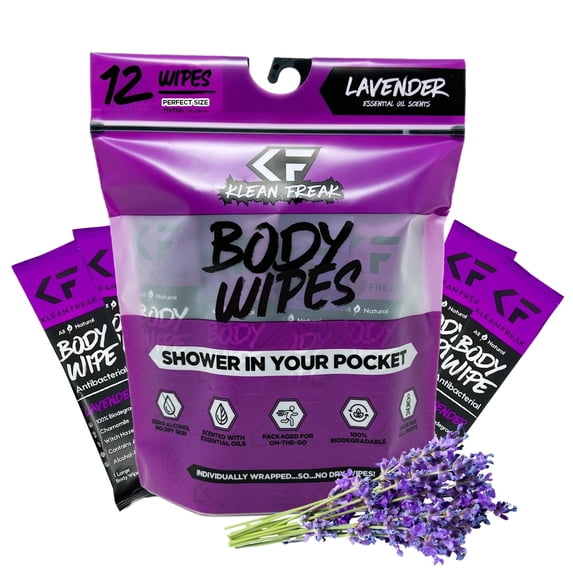 Klean Freak Body Cleansing Wipes, Lavender, 12 Pack Individually Wrapped, Aloe & Witch Hazel, Alcohol-Free