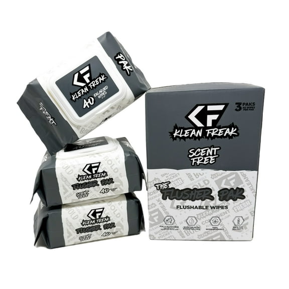 Klean Freak Flushable Wipes, Scent Free, 3 Packs of 40 Wipes, Biodegradable