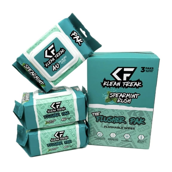 Klean Freak Flushable Wipes, Spearmint Rush, 3 Packs of 40 Wipes, Biodegradable