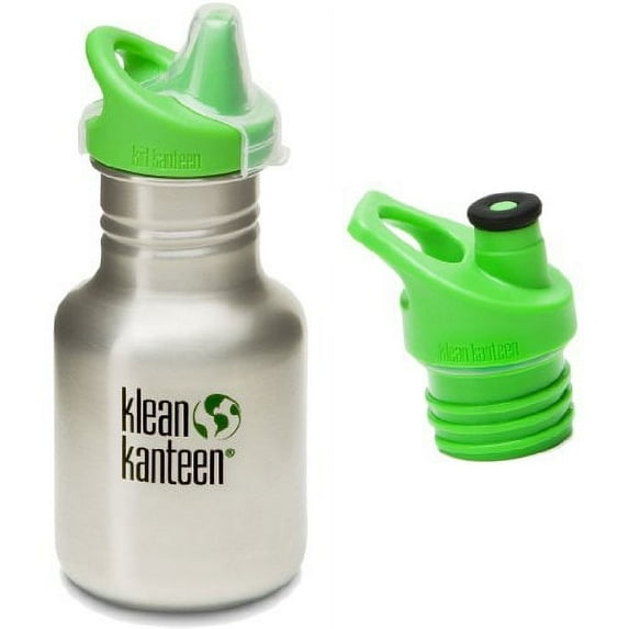 Klean Kanteen 12 oz Stainless Steel Water Bottle with 2 Caps (Kid Kanteen Sippy Cap and Sports Cap 3.0 in Bright Green) - All Colors (Brushed Stainless)