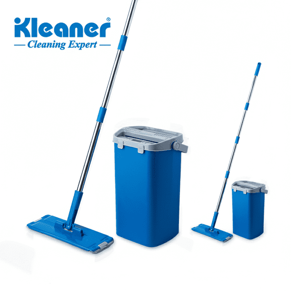 Kleaner Flat Mop and Bucket Set with Self-Wringing System, 360 Rotating Microfiber Pads, Blue