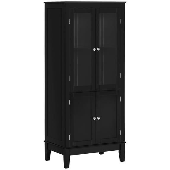 Kleankin Bathroom Floor Cabinet with 2 Storage Cabinets,Tempered Glass Door,Freestanding Linen Tower with Adjustable Shelves for Living Room,Black,Black Mdf Bath Faucets Bathroom Storage