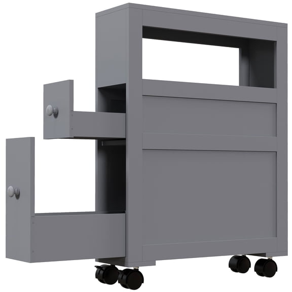 Kleankin Narrow Bathroom Storage Cabinet, Slim Rolling Floor Organizer with 1 Open Shelf and 2 Drawers, Gray Engineered Wood Utility Cart for Small Spaces, 6.25"W x 20.5"D x 28.25"H
