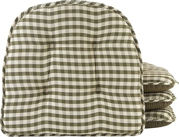 Gingham Pine Non-Slip Tufted Chair Cushions, 15x16 Inches, 4 Pack