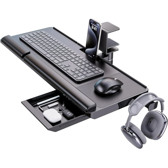 Klearlook Keyboard Tray Under Desk with 360° Rotation, Ergonomic Computer Keyboard & Mouse Tray 25"W×11.02"D Sit Stand Desk Keyboard Holder w/Wrist Rest & Storage Drawer (Height is not Adjustable)