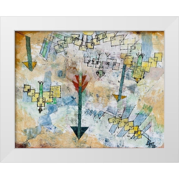 Klee, Paul 14x12 White Modern Wood Framed Museum Art Print Titled - Birds Swooping Down and Arrows