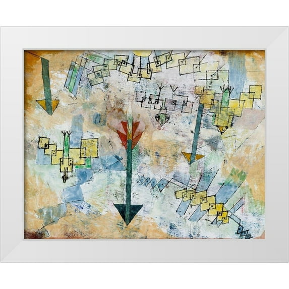 Klee, Paul 14x12 White Modern Wood Framed Museum Art Print Titled - Birds Swooping Down and Arrows