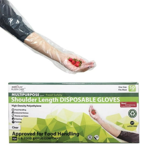 Kleen Chef Clear Disposable Shoulder Length Poly Gloves for Food Handling & Service, One Size