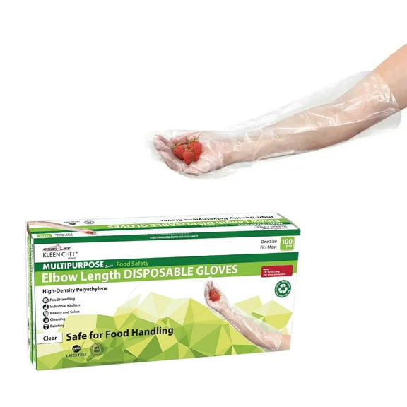 Kleen Chef Disposable 23" inch Elbow Length Poly Gloves for Cleaning & Food Handling - One Size, 100 per box (1 Box)