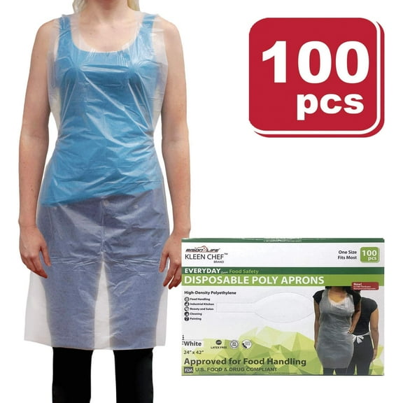 Kleen Chef Disposable Food Handling Light Poly Aprons, OSFM (100 per box)