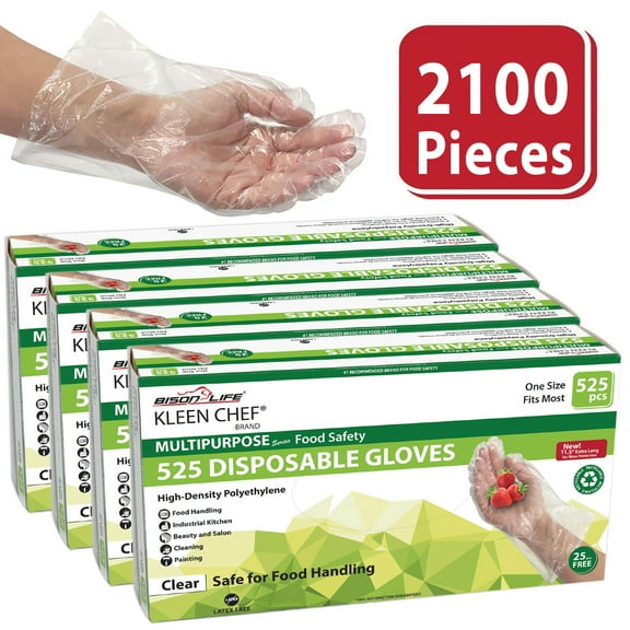 Kleen Chef Disposable Food Prep Gloves, 525 Per Box (2100 Pcs), 11.5" Long Cuff Clear Poly Gloves for Food Handling & Service - One Size Fits Most