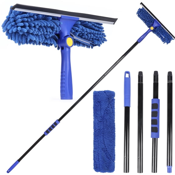 Kleen Handler 2-in-1 Window Squeegee with 60 Extendable Pole, 14 Rotating Blade, Shower Glass & Window Cleaner, Includes 2 Reusable Microfiber Sleeves, Commercial & Residential Use